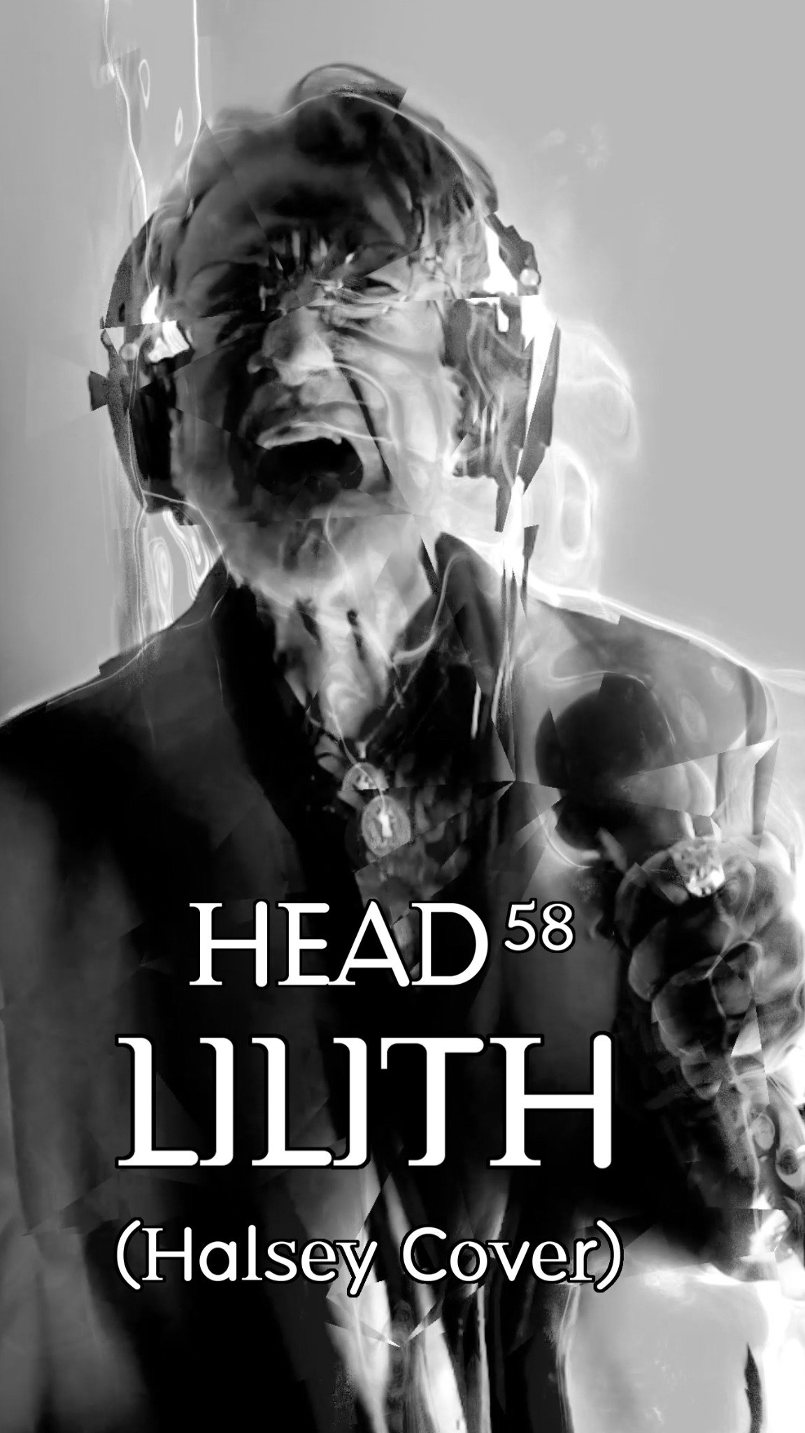 Erin Meares’s black-and-white HEAD58 Lilith artwork, with a fragmented portrait of the performer.